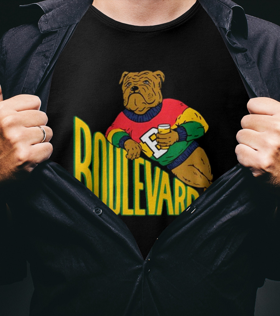 Boulevard Bully Dog In Colorful Sweater Holding Drink T-Shirt