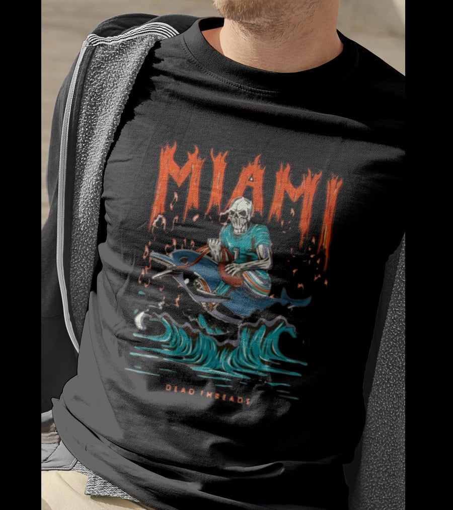 MIAMI Dead Threads Skeleton Surfer On Dolphin Football Adventure T-Shirt
