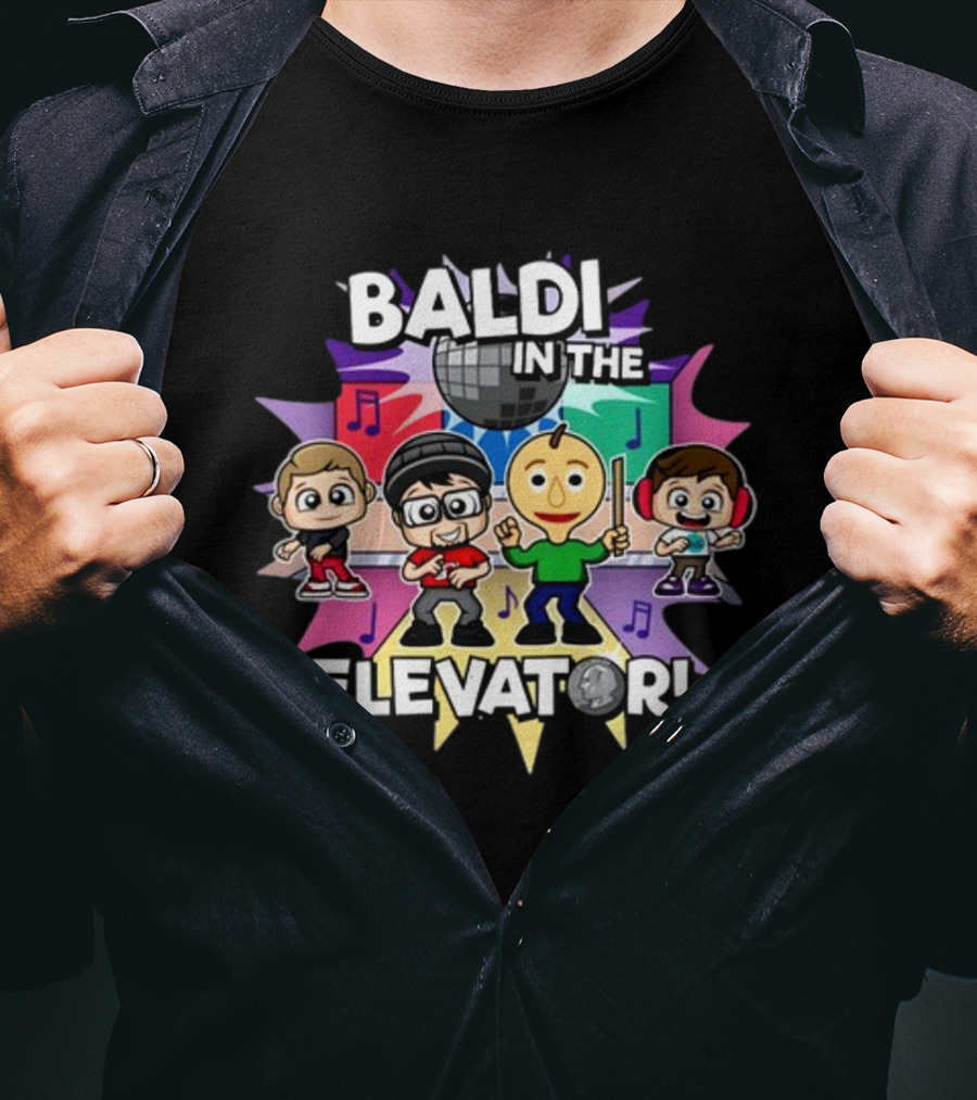 Baldi In The Elevator FGTEEV Characters With Disco Ball And Music Notes T-Shirt