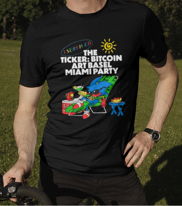 I Survived The Ticker Bitcoin Art Basel Miami Party Lounge Character Sun Cocktail T-Shirt