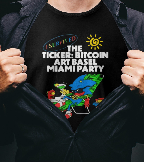 I Survived The Ticker Bitcoin Art Basel Miami Party Lounge Character Sun Cocktail T-Shirt