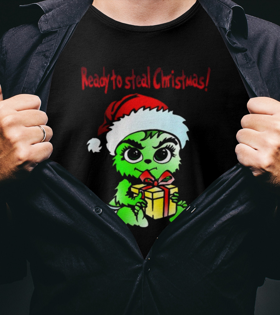 Cathygraphics3 Ready To Steal Christmas Green Santa Hat Gift T-Shirt