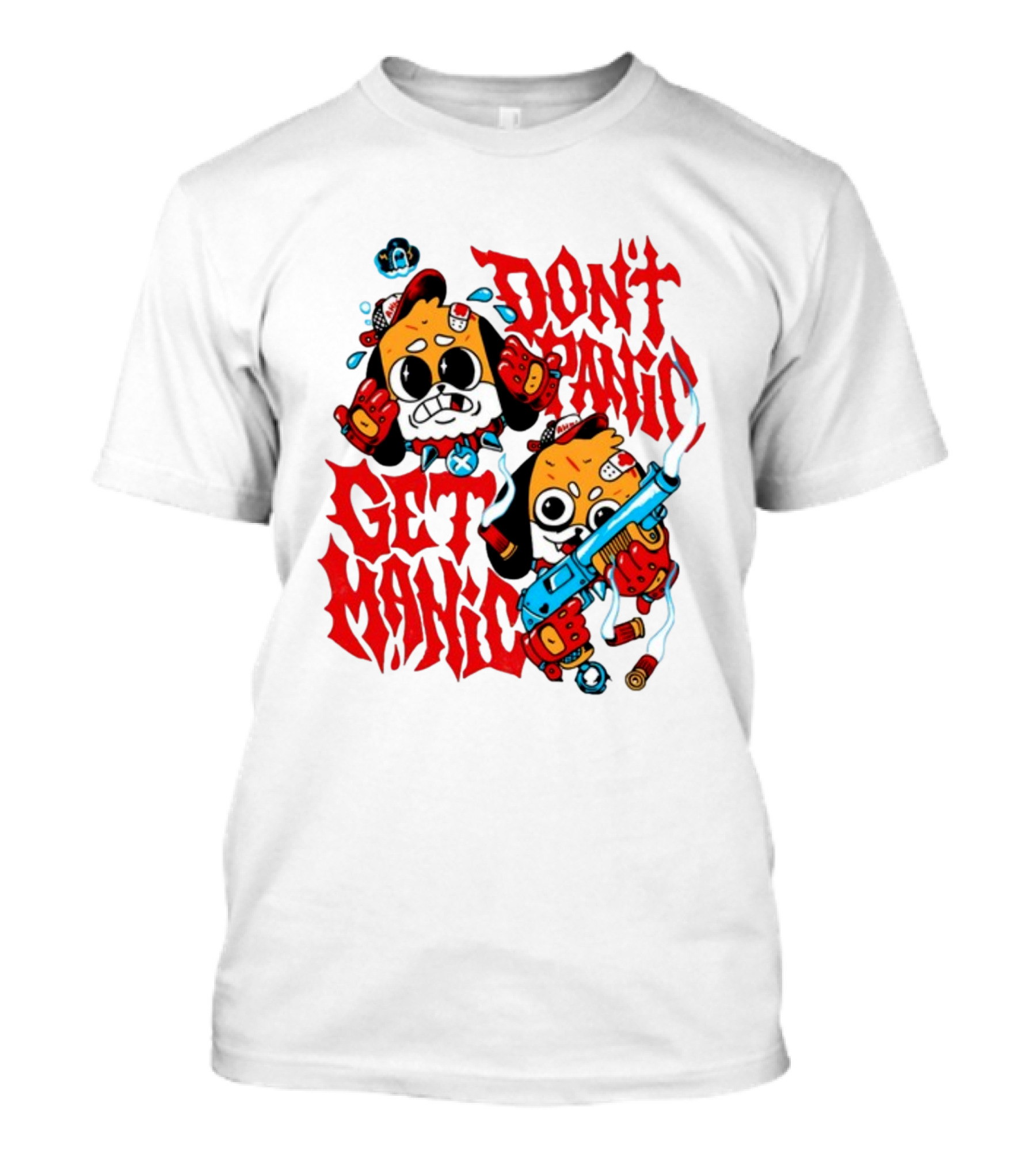 Don't Panic Get Manic Cartoon Characters With Colorful Styling And Playful T-Shirt