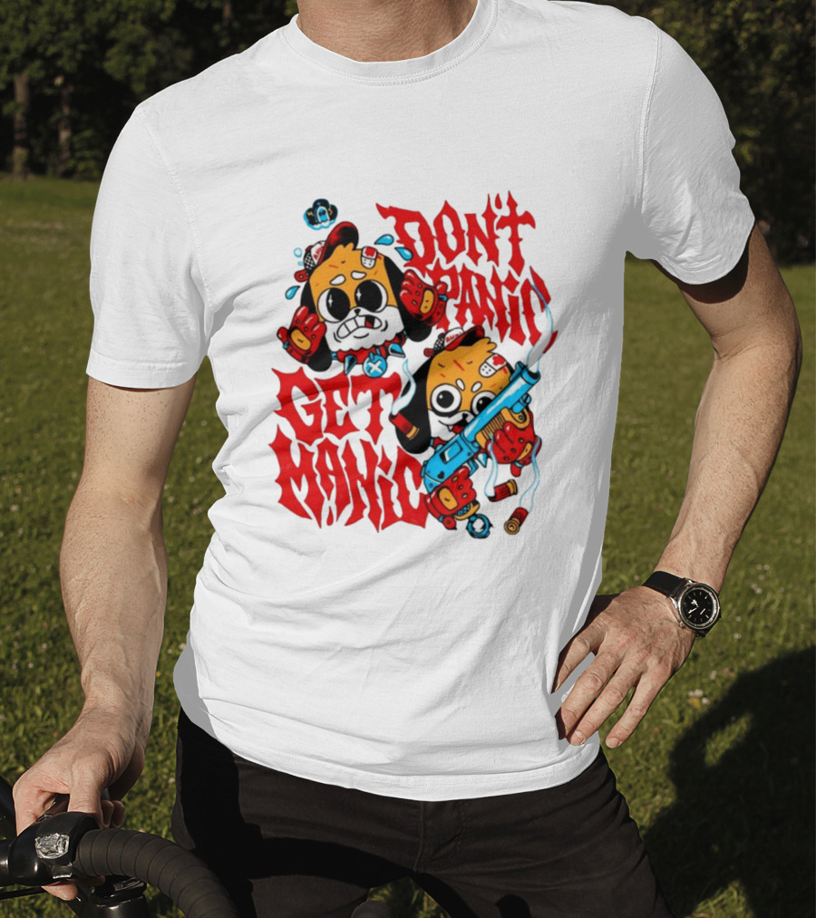 Don't Panic Get Manic Cartoon Characters With Colorful Styling And Playful T-Shirt