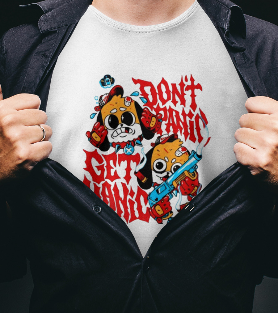 Don't Panic Get Manic Cartoon Characters With Colorful Styling And Playful T-Shirt