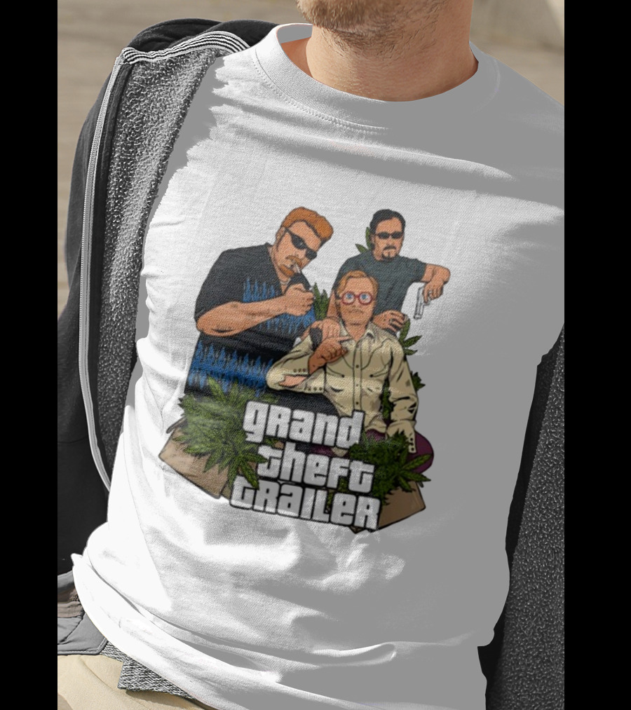 Grand Theft Trailer Cannabis Comedy Trio With Sunglasses And Pistol T-Shirt