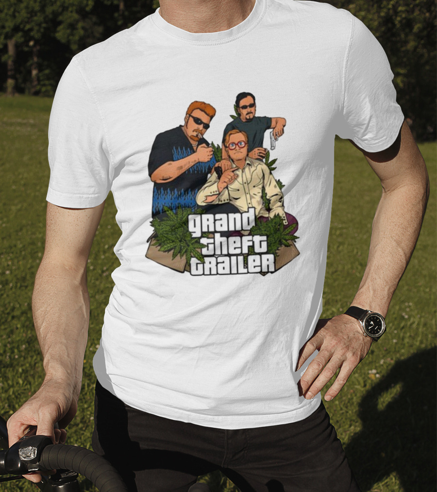 Grand Theft Trailer Cannabis Comedy Trio With Sunglasses And Pistol T-Shirt