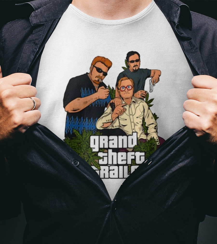 Grand Theft Trailer Cannabis Comedy Trio With Sunglasses And Pistol T-Shirt