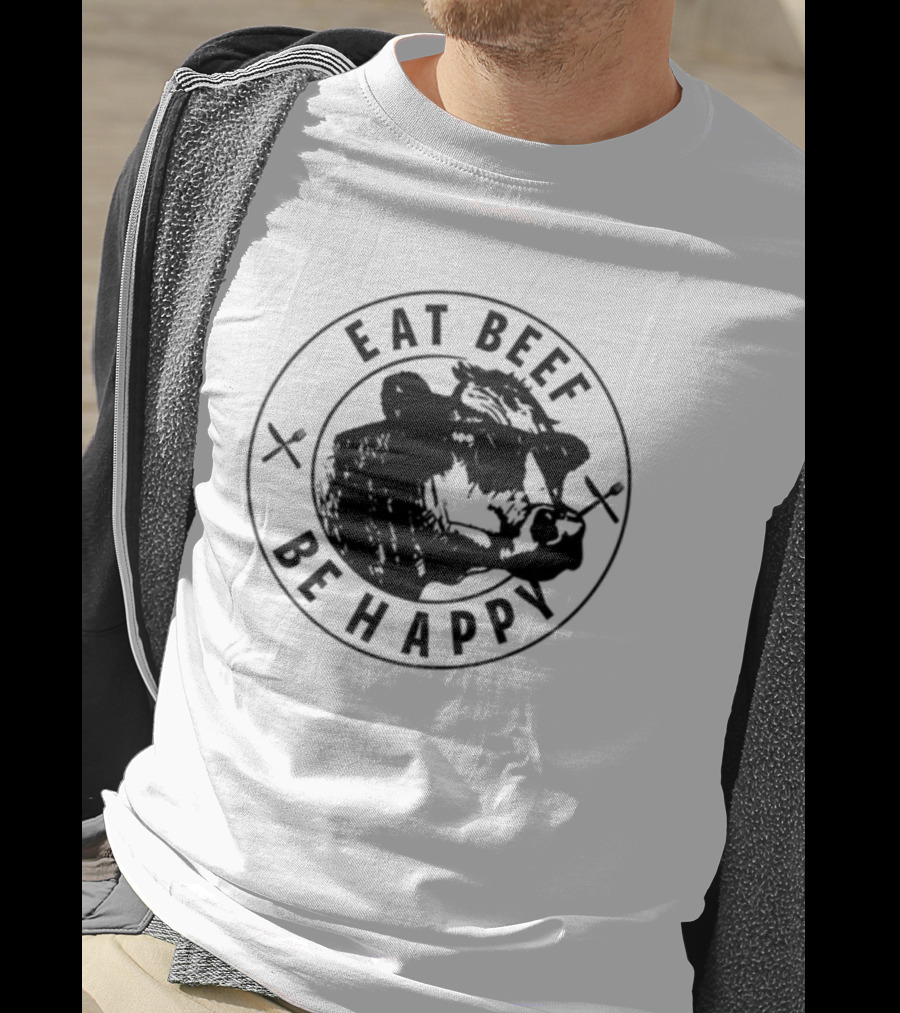 Dr Shawn Baker Eat Beef Be Happy Cow Illustration With Crossed Utensils T-Shirt