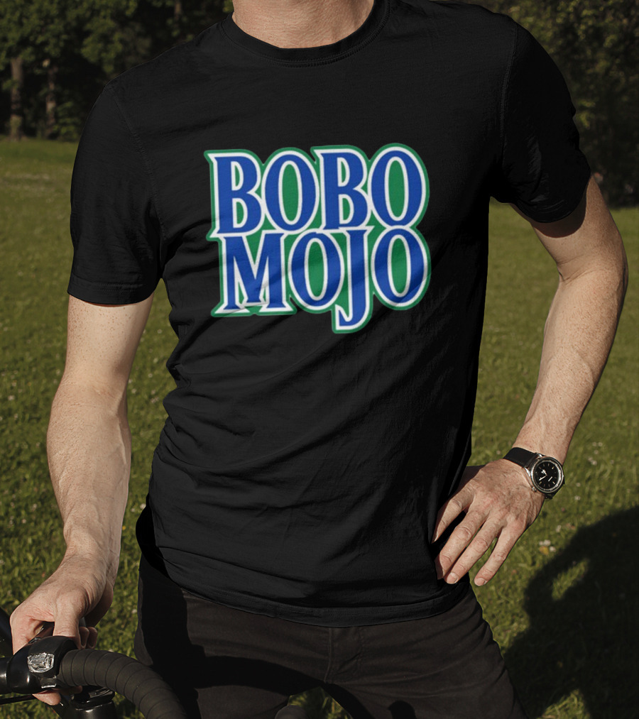 BOBO MOJO Retro Bold Blue And Green Text T-Shirt