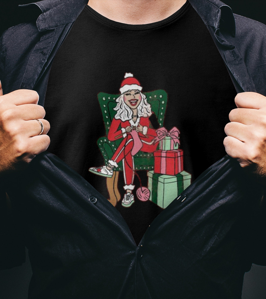 Fleece Navidad Merry Christmas Santa Woman Knitting Presents T-Shirt