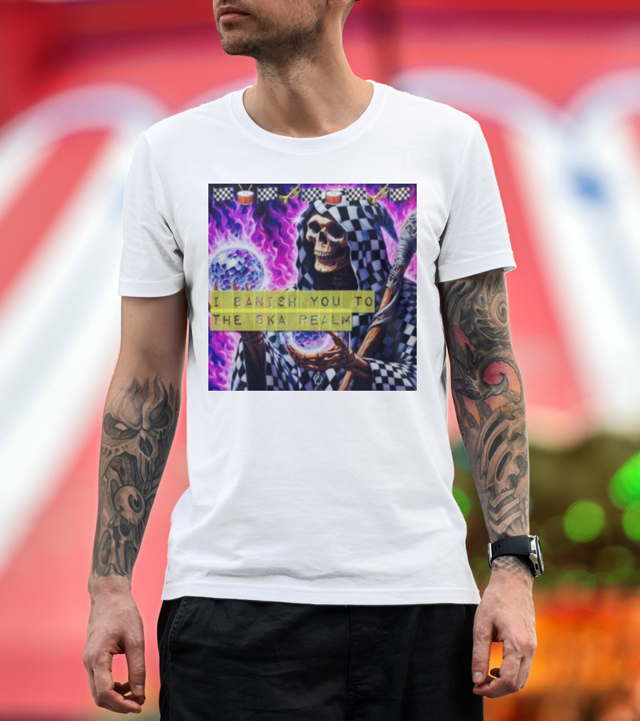 I Banish You to the Ska Realm with Skeleton Holding Disco Balls and Checkered T-Shirt