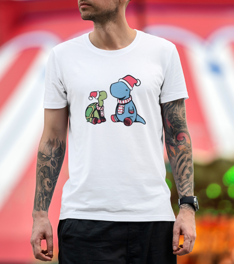 Christmas Tortoise and Dino Santa Hats and Scarves T-Shirt