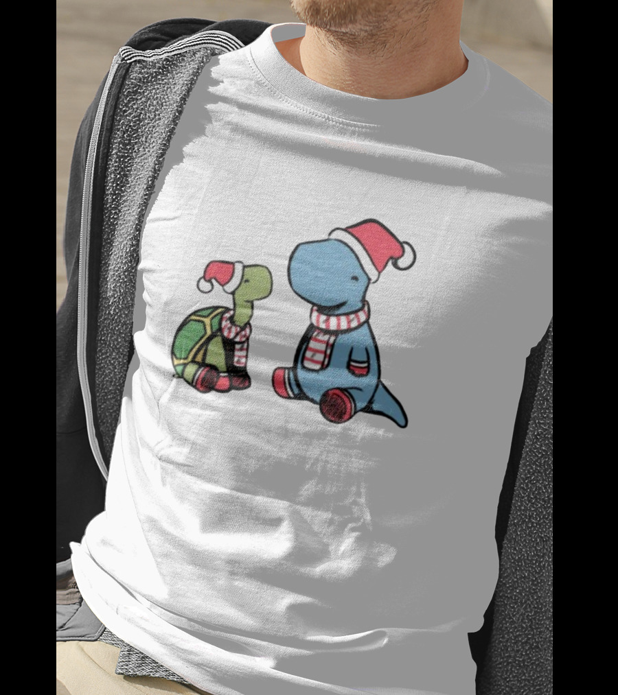 Christmas Tortoise And Dino Santa Hats And Scarves T-Shirt