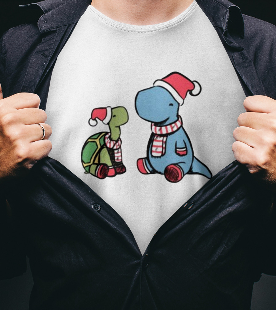 Christmas Tortoise And Dino Santa Hats And Scarves T-Shirt