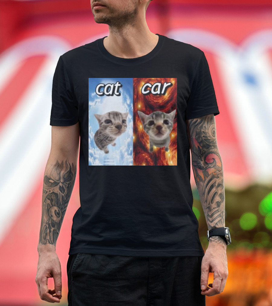 Cringeytees Cat Car Kitten Showdown Sky vs Swirl Background T-Shirt