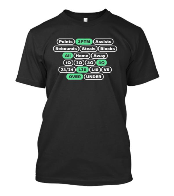 Points 3PTM Assists Rebounds Steals Blocks All Home Away 1Q 2Q 3Q 4Q 23/24 L20 L10 VS Over Under T-Shirt