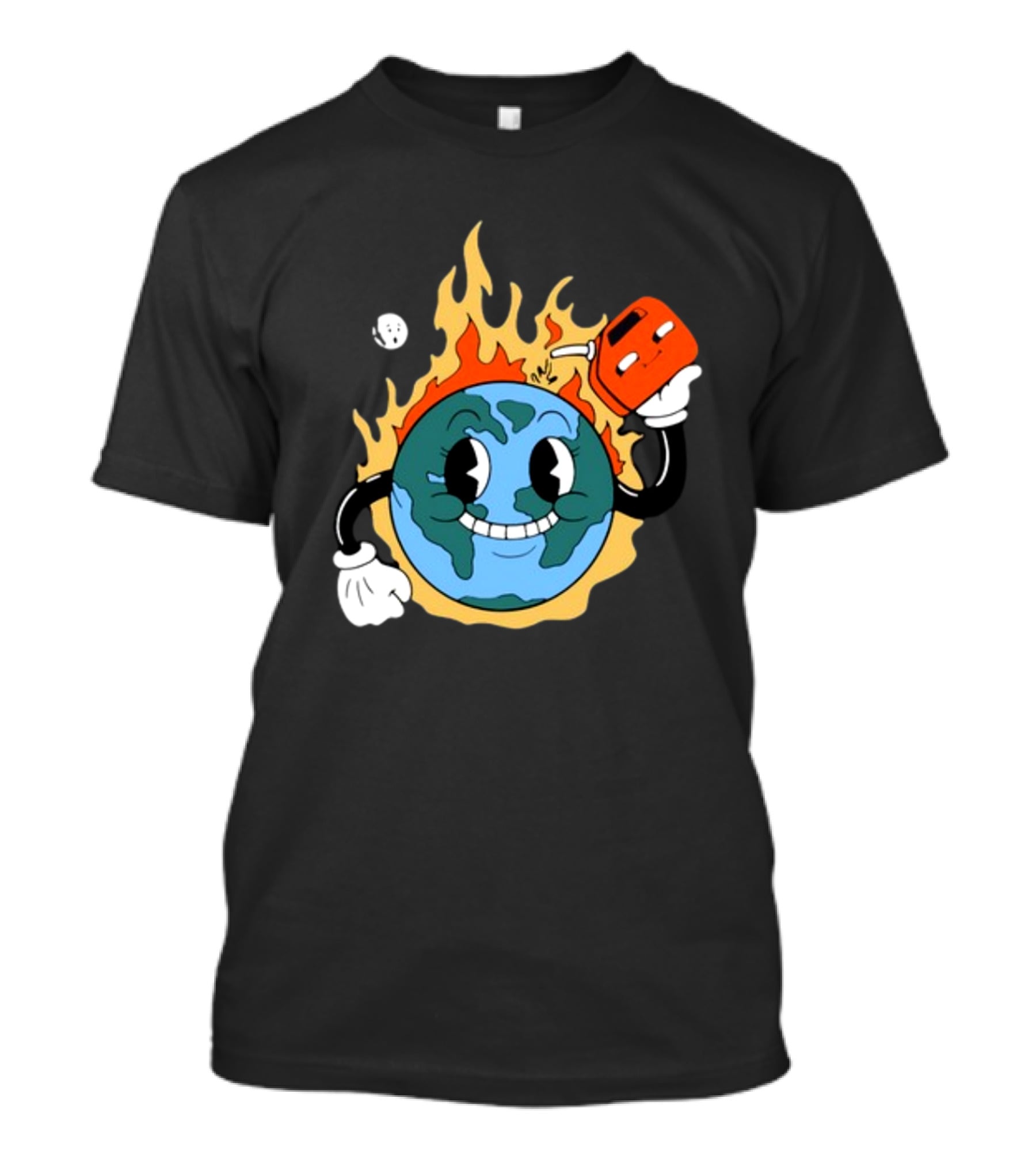 World On Fire Earth Cartoon Holding Gas Can Burning T-Shirt