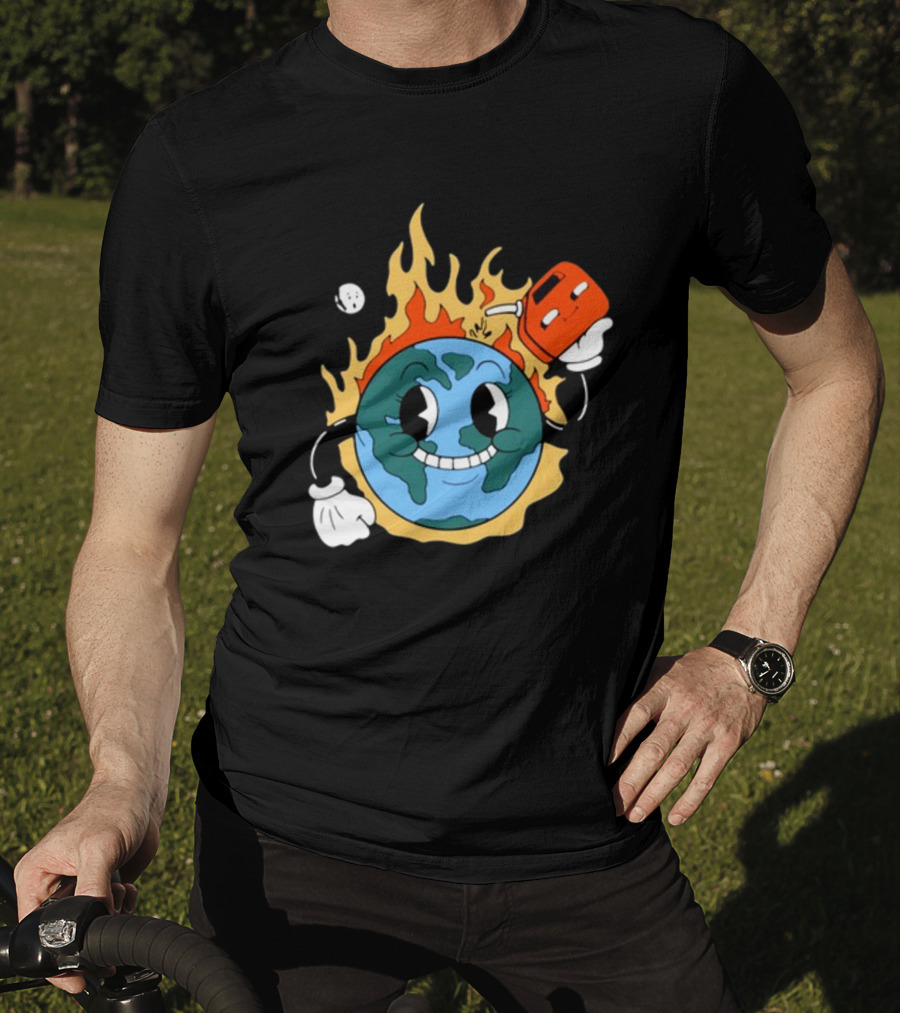 World On Fire Earth Cartoon Holding Gas Can Burning T-Shirt