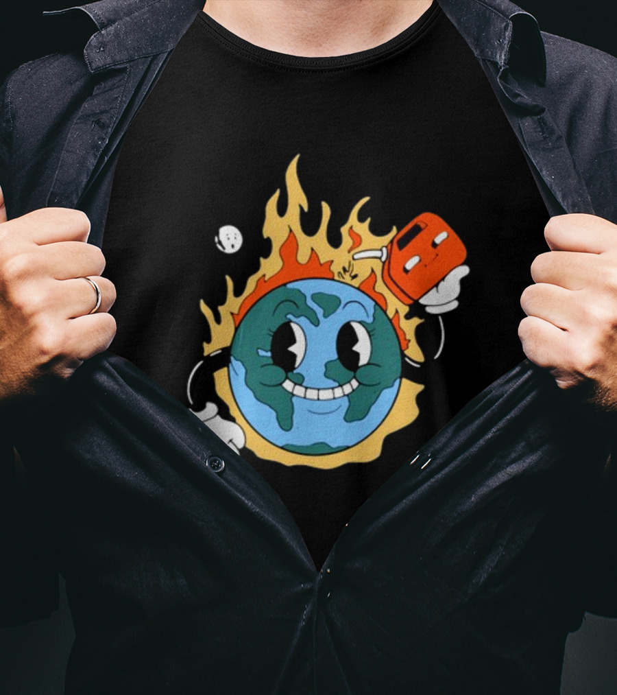 World On Fire Earth Cartoon Holding Gas Can Burning T-Shirt