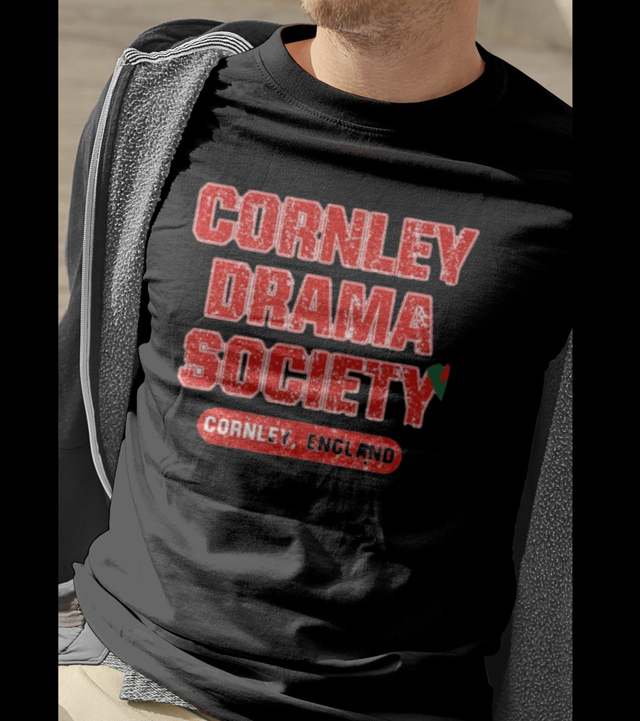 Cornley Drama Society England Red Distressed Text With Holly Leaf T-Shirt