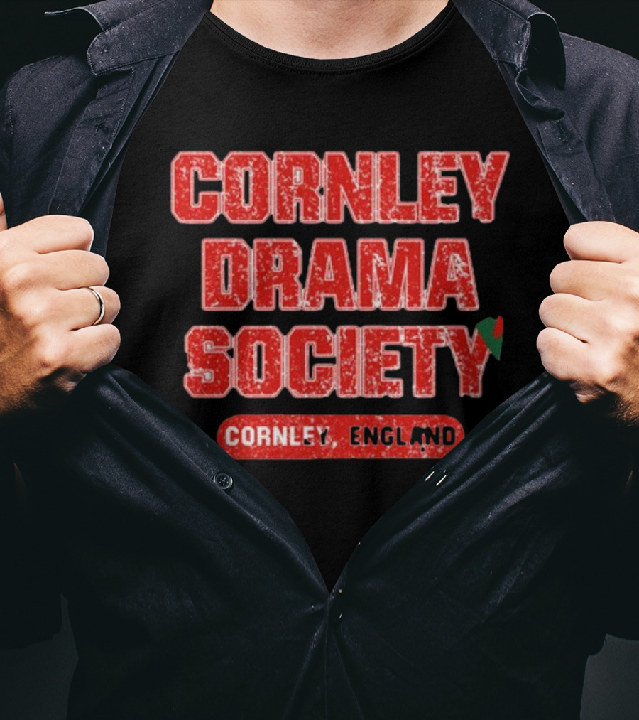 Cornley Drama Society England Red Distressed Text With Holly Leaf T-Shirt