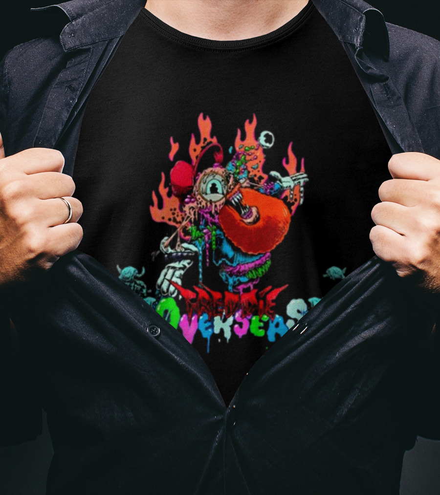 Freddie Overseas Onlepine Psychedelic Cartoon Creature With Flames T-Shirt