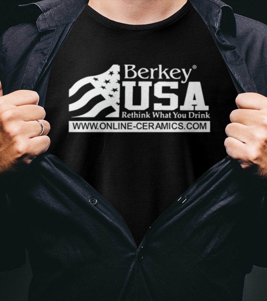 Berkey USA Rethink What You Drink Online Ceramics USA Flag T-Shirt