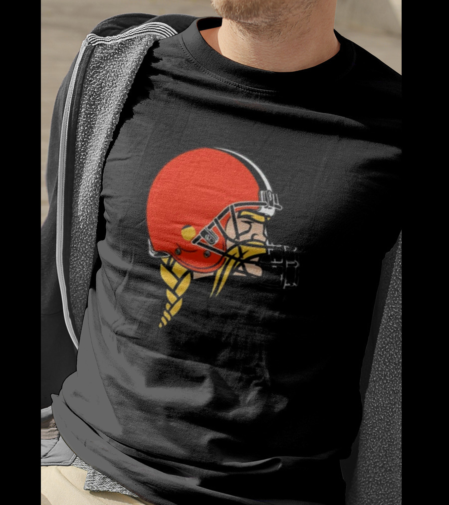 Vikings Helmet Featuring Browns Colors And Iconic Braided Warrior T-Shirt
