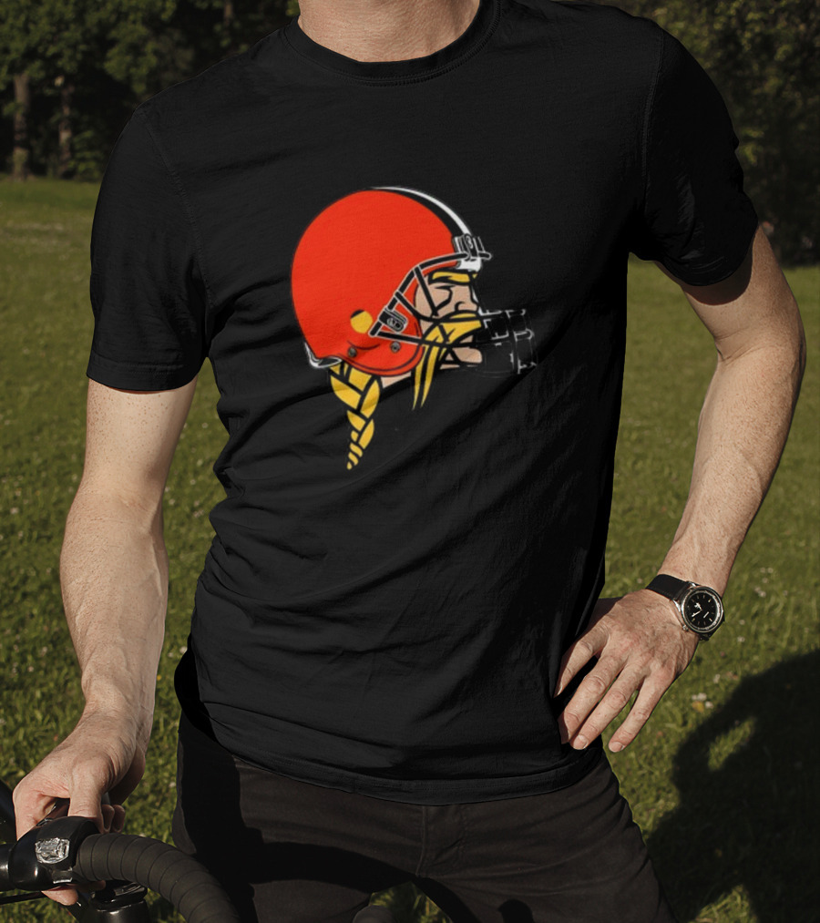 Vikings Helmet Featuring Browns Colors And Iconic Braided Warrior T-Shirt