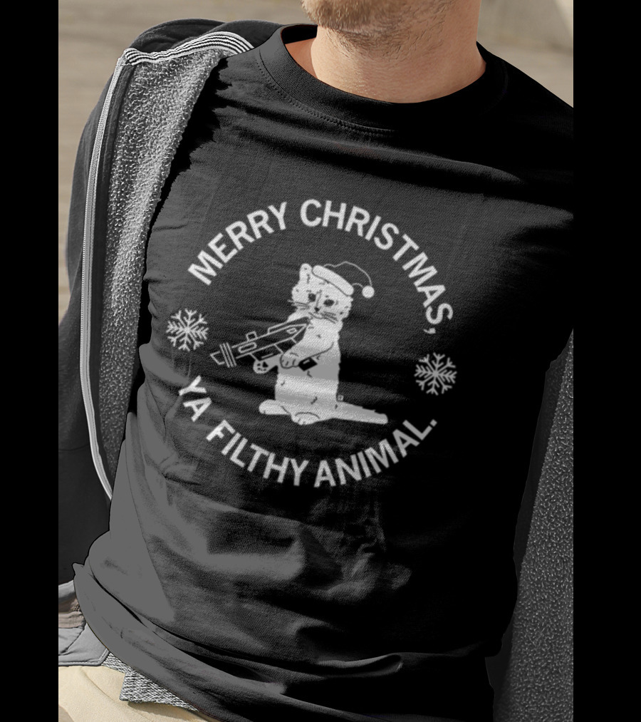 Merry Christmas Ya Filthy Animal Cat With Gun And Santa Hat T-Shirt