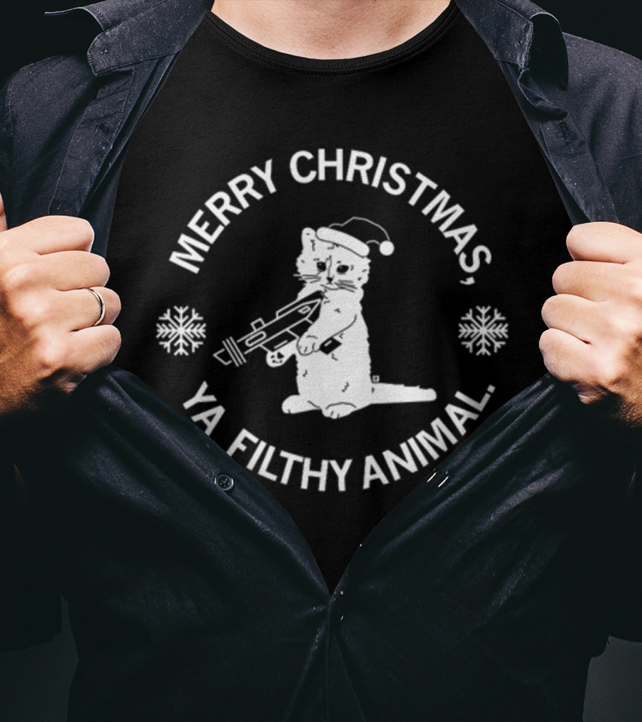 Merry Christmas Ya Filthy Animal Cat With Gun And Santa Hat T-Shirt