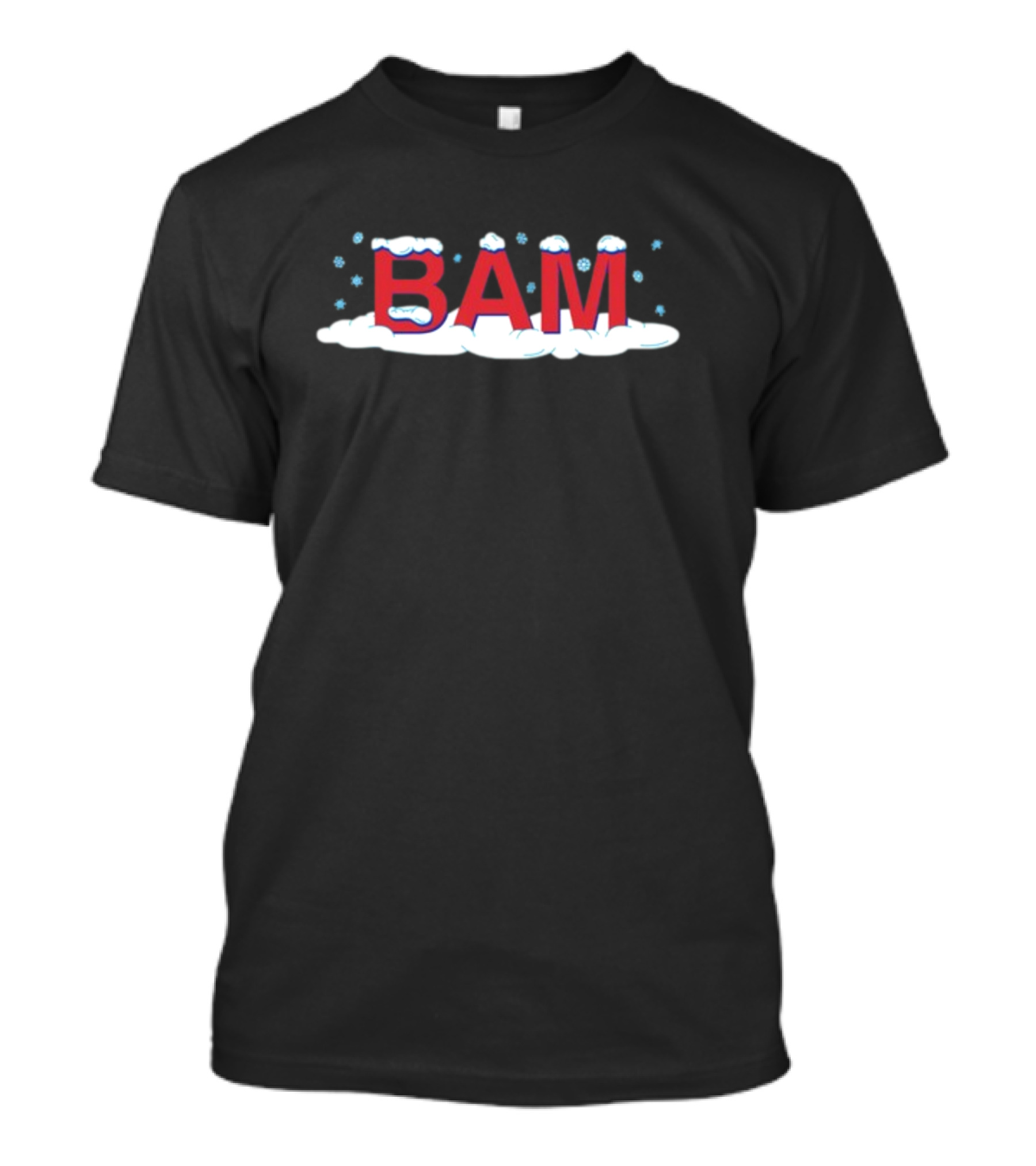 Bam Snow Red Letters With Snowflakes And Clouds T-Shirt