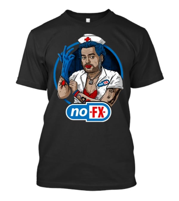 NOFX Blue Haired Nurse Mike Character In Red Lingerie With Tattoos And Blue Glove T-Shirt
