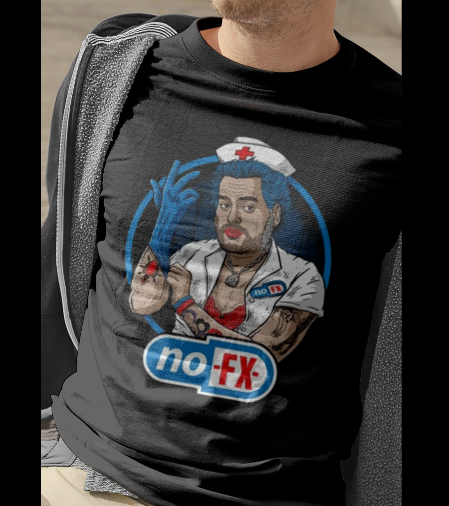 NOFX Blue Haired Nurse Mike Character In Red Lingerie With Tattoos And Blue Glove T-Shirt