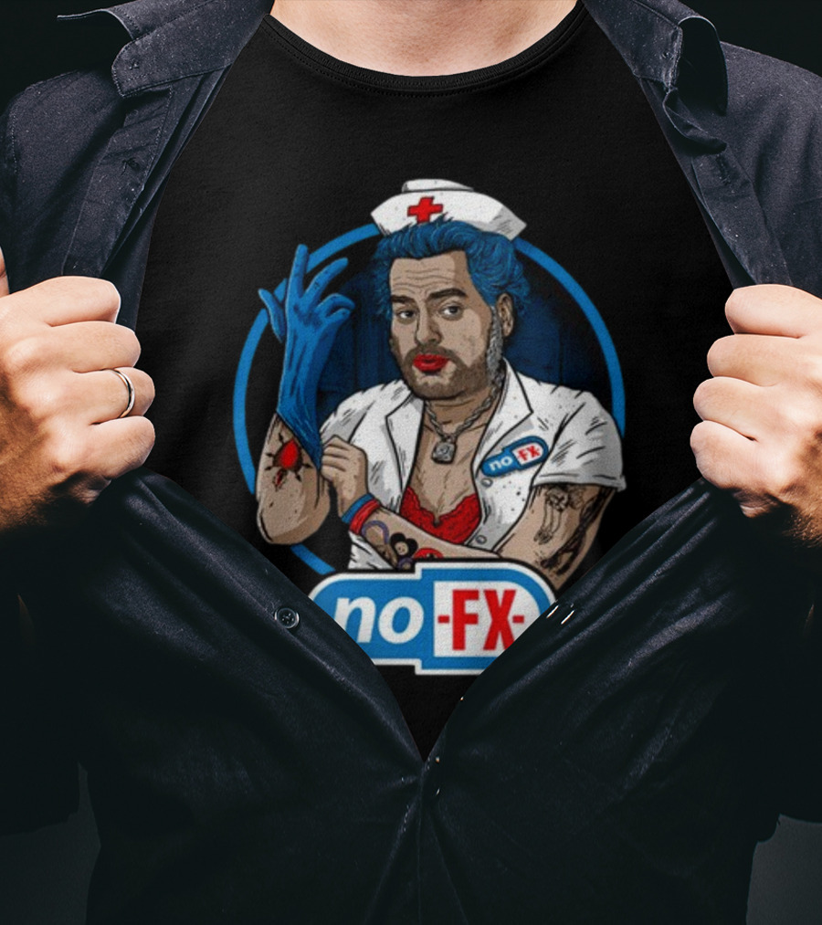 NOFX Blue Haired Nurse Mike Character In Red Lingerie With Tattoos And Blue Glove T-Shirt