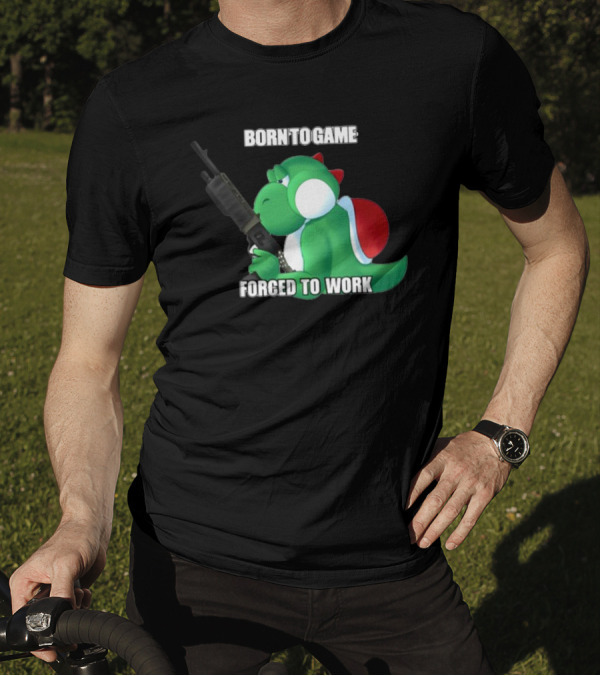 Born To Game Forced To Work Green Dinosaur Headphones Gaming Character T-Shirt