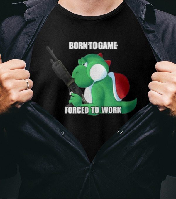 Born To Game Forced To Work Green Dinosaur Headphones Gaming Character T-Shirt