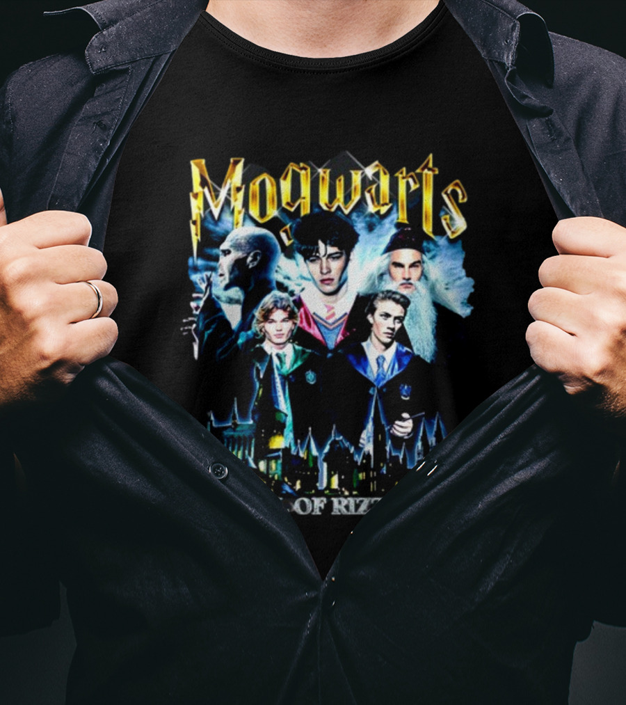 Mogwarts School Of Rizzardry Hogwarts Parody Featuring Iconic Wizard Figures And Castle T-Shirt