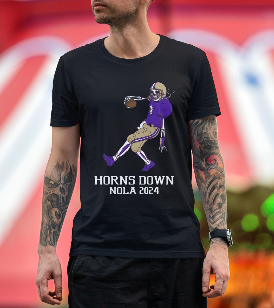 Horns Down Nola 2024 Skeleton Football Player T-Shirt