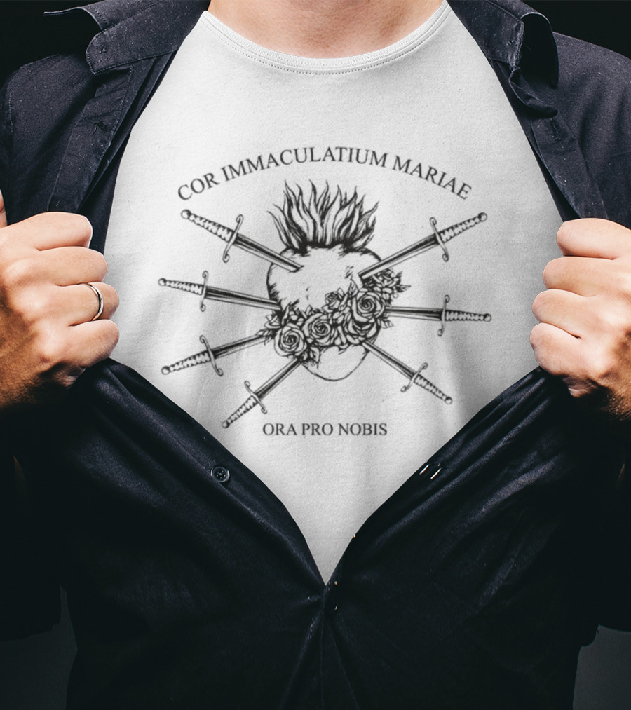 Cor Immaculatum Mariae Ora Pro Nobis Swords And Flaming Heart T-Shirt