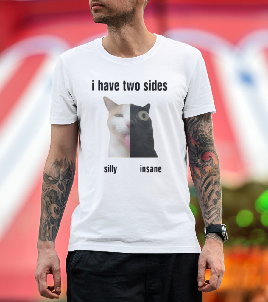 I Have Two Sides Silly Insane Cat Face Split T-Shirt
