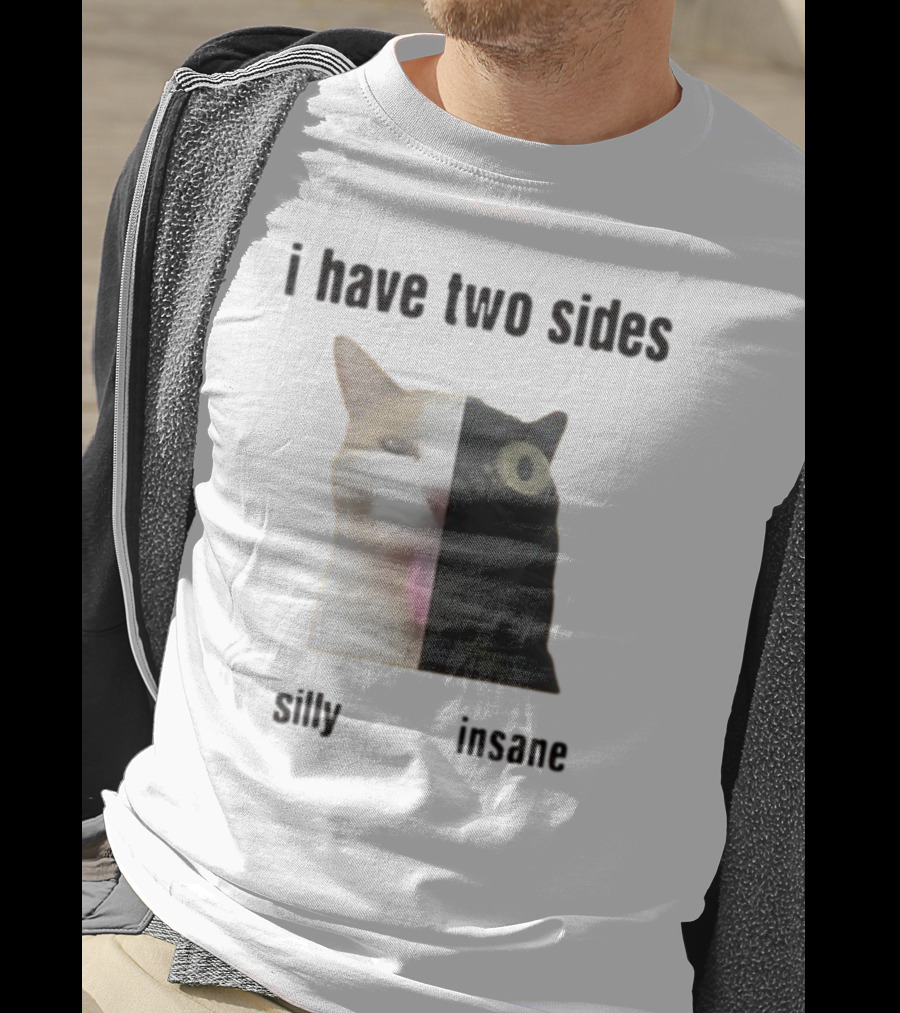 I Have Two Sides Silly Insane Cat Face Split T-Shirt