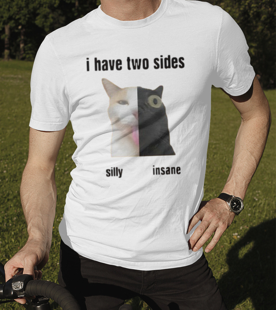 I Have Two Sides Silly Insane Cat Face Split T-Shirt