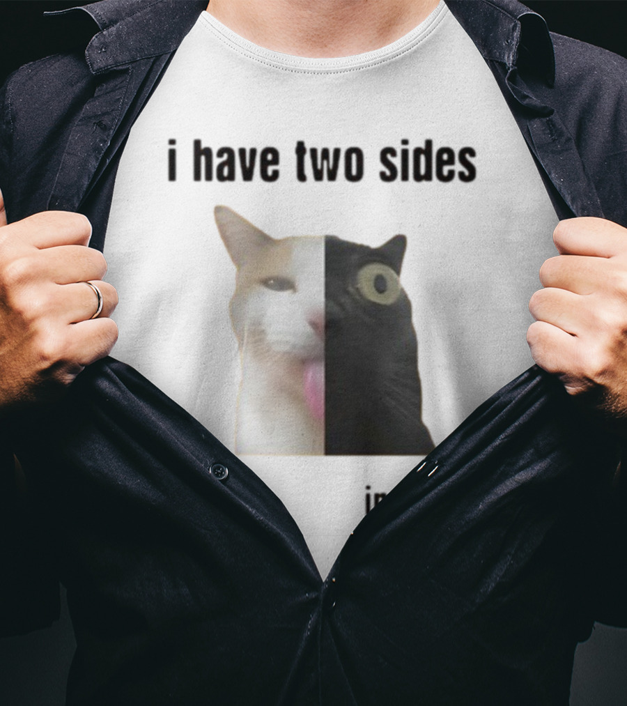 I Have Two Sides Silly Insane Cat Face Split T-Shirt