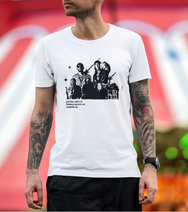 Premium T-Shirt: Maaza Shop Young And Lit Money Keeps On Coming In Iconic Figures and House Scene T-Shirt Maaza Shop Young And Lit Money Keeps On Coming In Iconic Figures and House Scene T-Shirt
