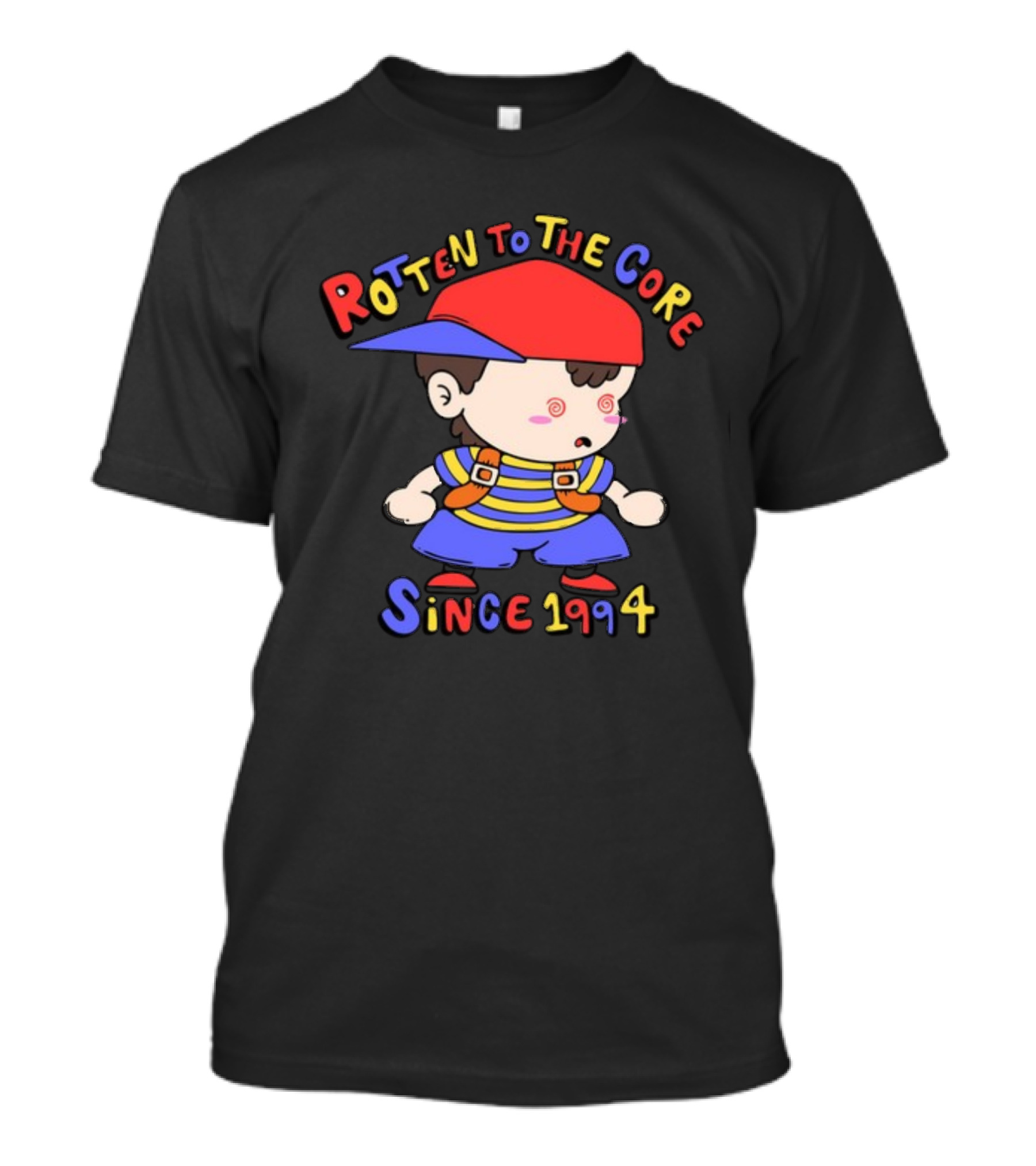 Rotten To The Core Since 1994 Cartoon Character With Red Cap And Striped T-Shirt