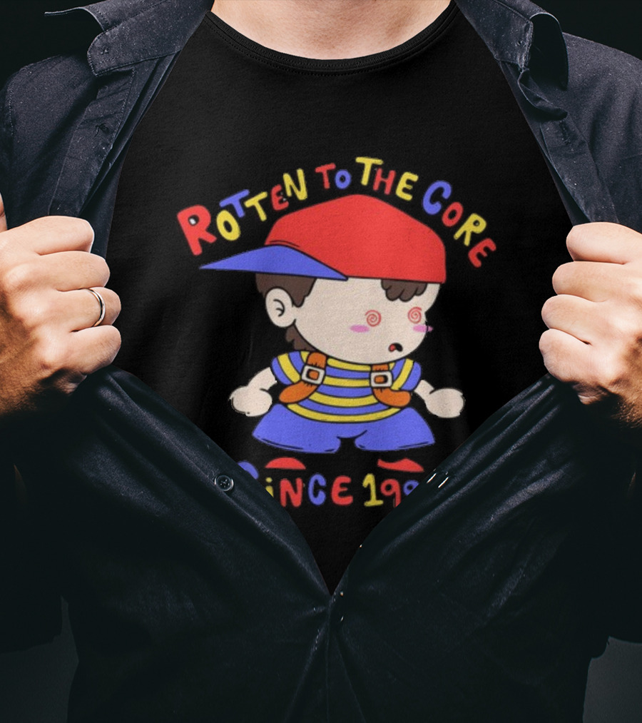 Rotten To The Core Since 1994 Cartoon Character With Red Cap And Striped T-Shirt