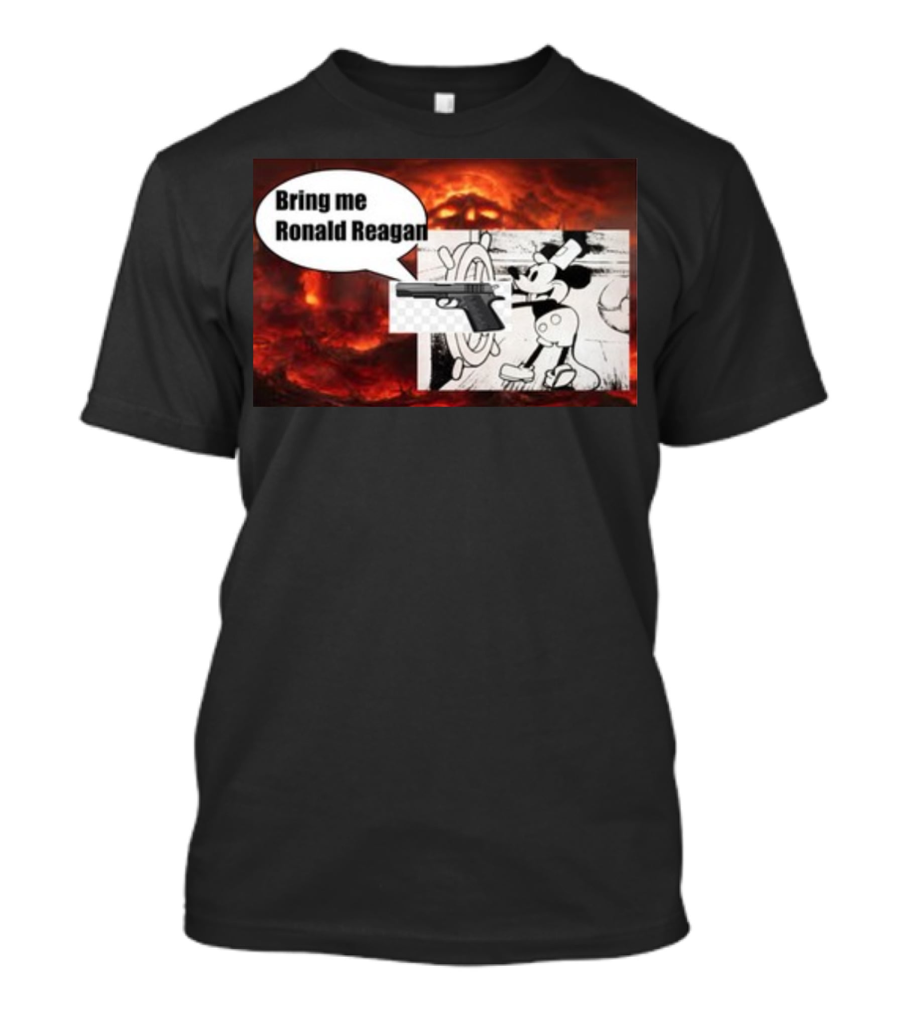Bring Me Ronald Reagan Cartoon Character And Gun Over Fiery Background T-Shirt