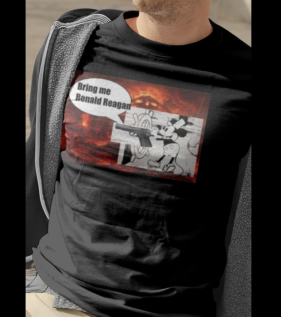 Bring Me Ronald Reagan Cartoon Character And Gun Over Fiery Background T-Shirt